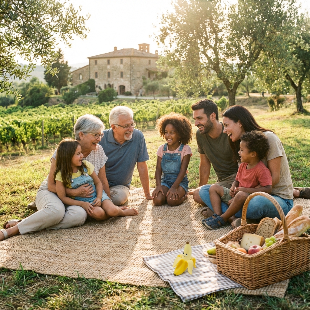 Familia feliz disfrutando de un picnic al sol, estilo lifestyle.